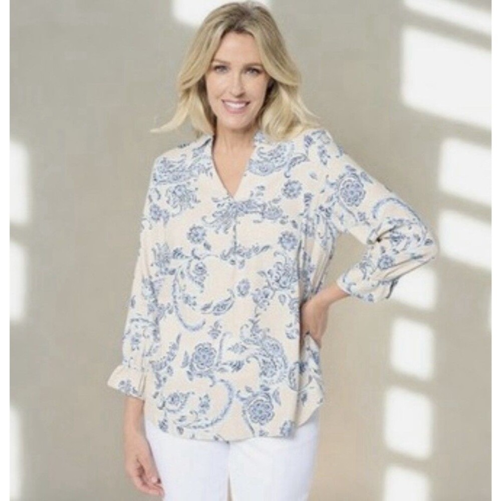 Belle by Kim Gravel Top Linen Blend Women's XL Tunic Coastal Beachy Beige Floral